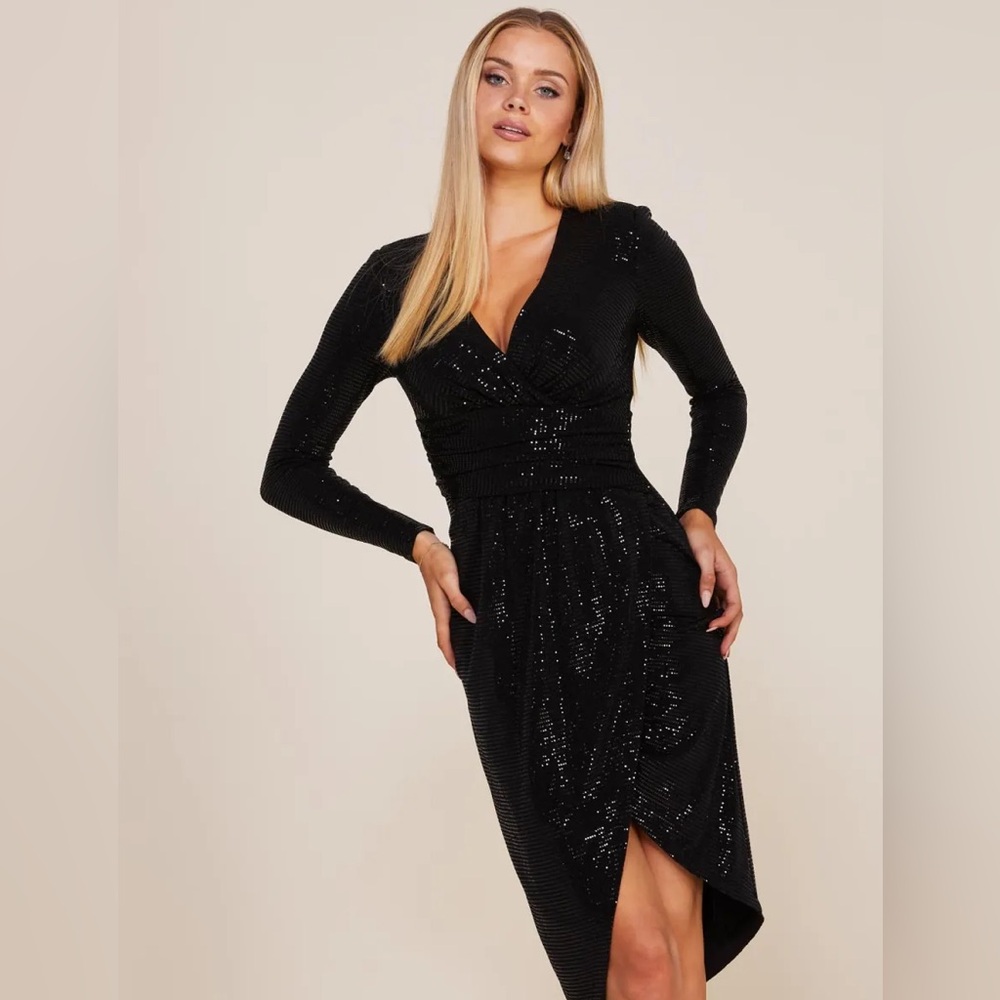 Chateau Elegant Black Shimmer Long Sleeve Wrap front Dress Super Flattering XS